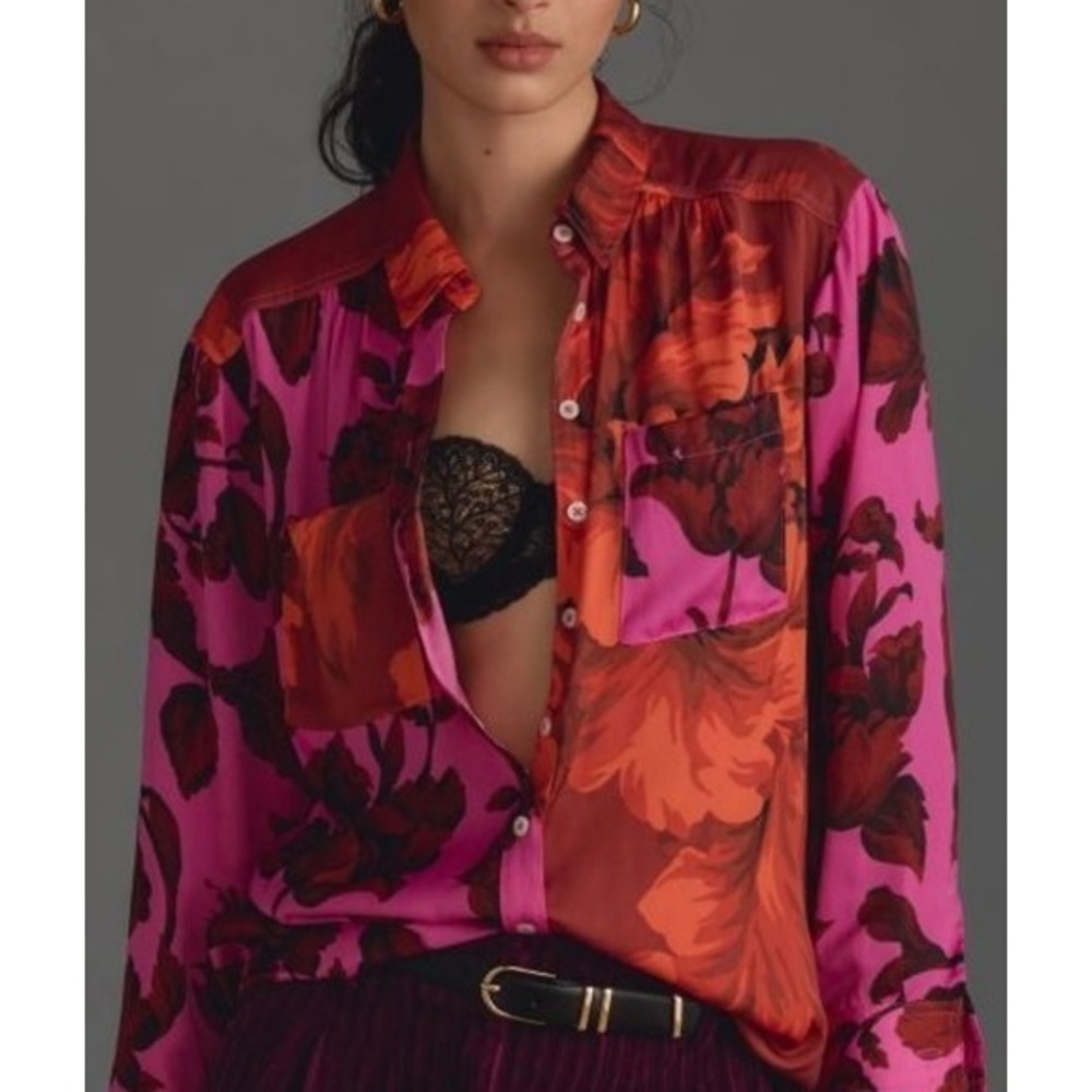 Anthropologie Floral Fuchsia Orange Button Down Long Sleeve Blouse Top Silky XS